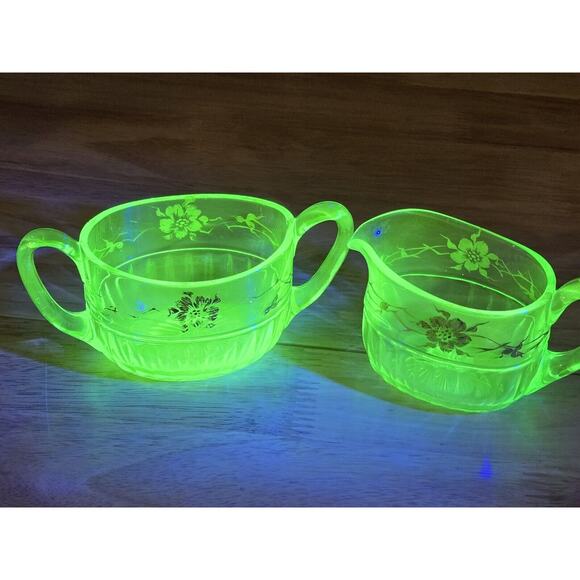Vintage Mint Green Uranium Glass Cream & Sugar Serving Set - Picture 1 of 11